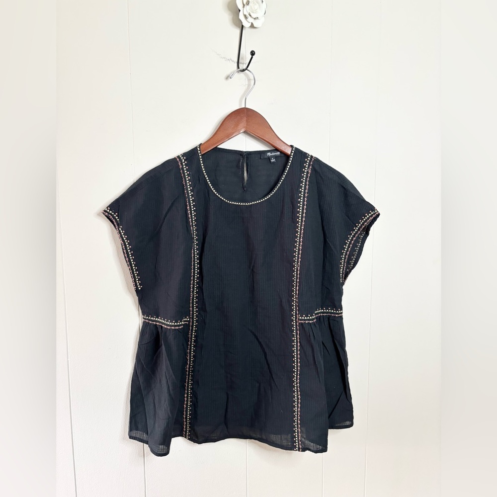 Madewell black embroidered folk crewneck top blouse size M boho